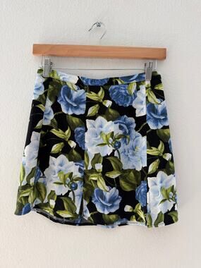American Apparel Blue Green Floral Print Black Mini Skirt Size S